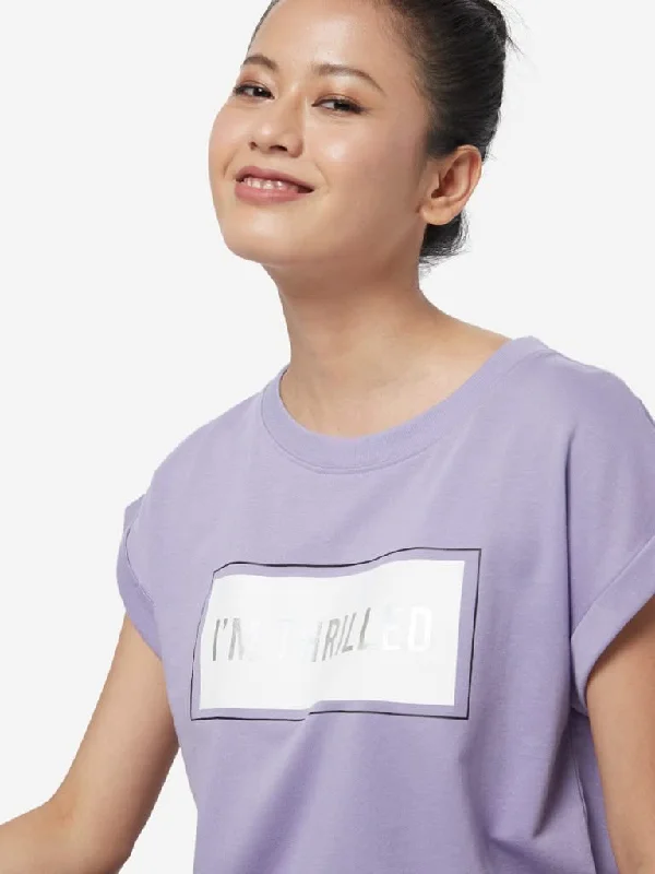 Studiofit Lilac Text Printed Cotton T-Shirt Oversized T-Shirt Spandex breathable