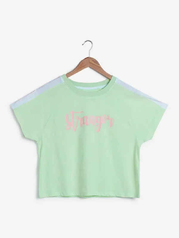 Studiofit Mint Text Print Crop T-Shirt Notch Collar Peter Pan Collar Cowl Neck