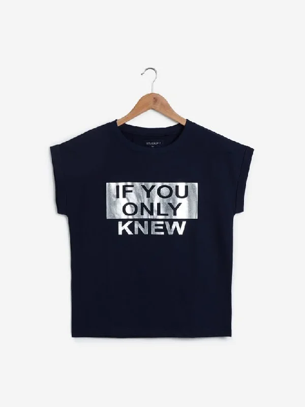 Studiofit Navy Text Printed T-Shirt Handmade Hand-knitted Hand-woven