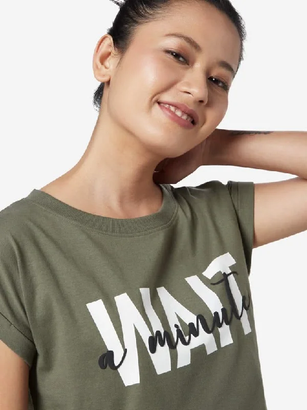 Studiofit Olive Text Patterned T-Shirt Basic T-Shirt Crew Neck Short Sleeve