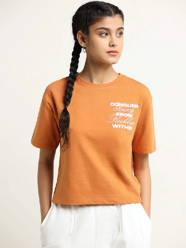 Studiofit Orange Slogan Print Cotton T-Shirt Striped Floral Plaid