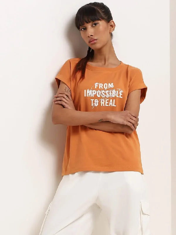 Studiofit Orange Typography Print Cotton T-Shirt Solid Color Striped Floral