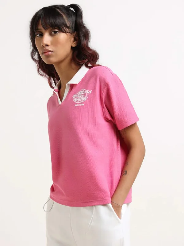 Studiofit Pink Cotton Blend Crop T-Shirt Beaded Sequined Faux Fur