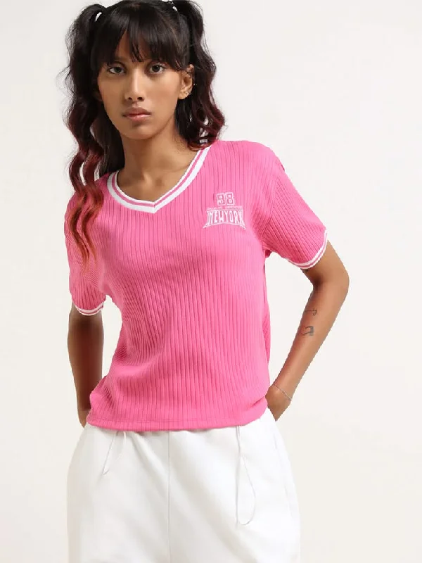 Studiofit Pink Cotton Blend Ribbed T-Shirt Real Fur Shearling Chenille