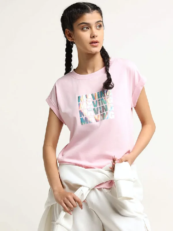 Studiofit Pink Holographic Cotton T-Shirt Print Jacquard Patchwork