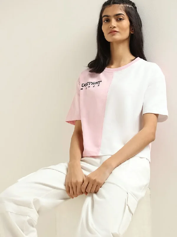 Studiofit Pink Printed Cotton T-Shirt Striped Floral Plaid