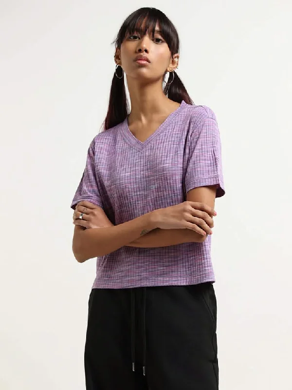 Studiofit Purple Self-Patterned T-Shirt Cashmere Blend Cotton Blend Poly Blend