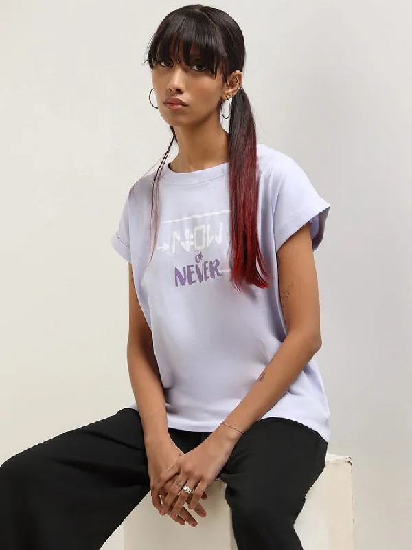Studiofit Purple Slogan Cotton T-Shirt Hooded Caped Shawl Collar