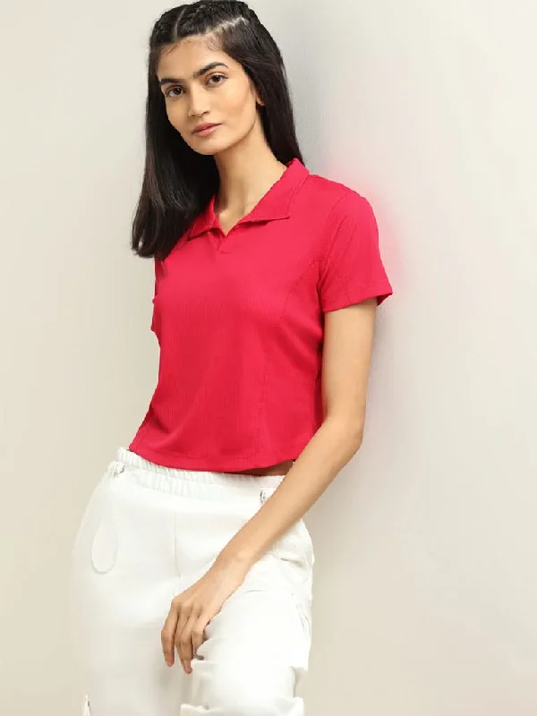Studiofit Red Collared T-Shirt Satin Fabric Silk Fabric Chiffon Fabric
