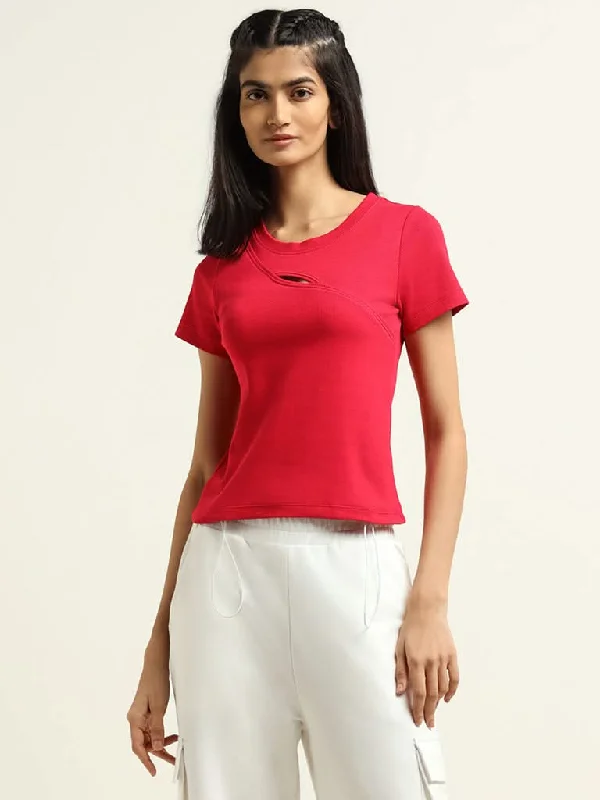 Studiofit Red Front Cotton Blend Cut-Out T-Shirt Solid Print Embellished