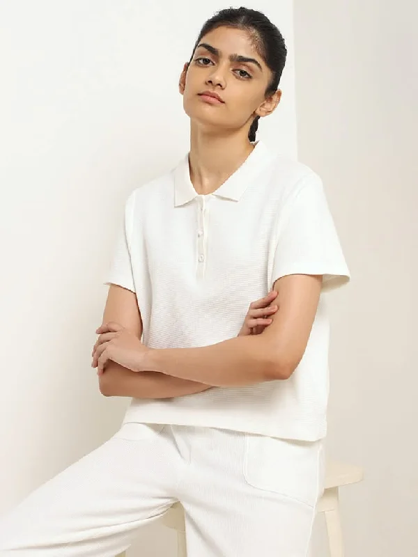 Studiofit White Cotton Collared T-Shirt Silk Blend Satin Velvet