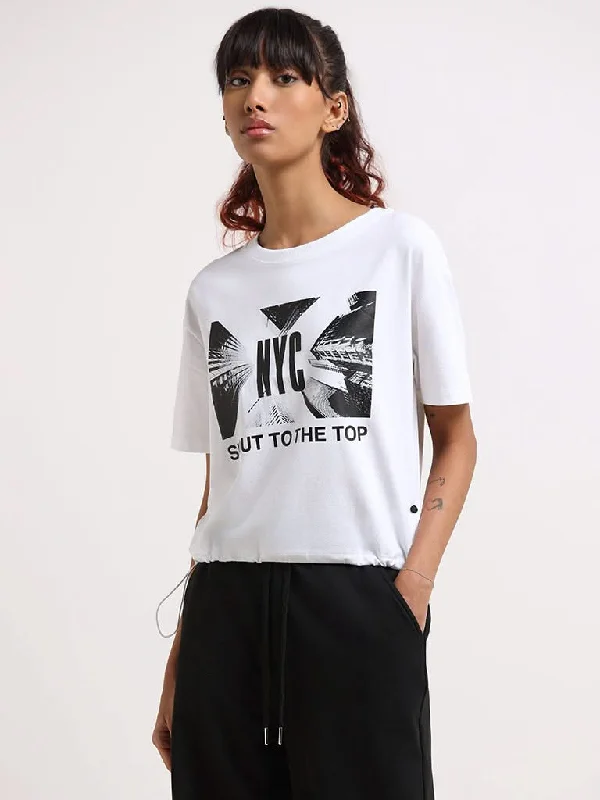 Studiofit White Crop Cotton Blend T-Shirt with Drawstring Fleece Nylon Spandex