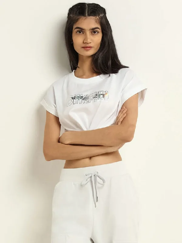 Studiofit White Self-Striped Cotton T-Shirt Front Pockets Side Pockets Patch Pockets