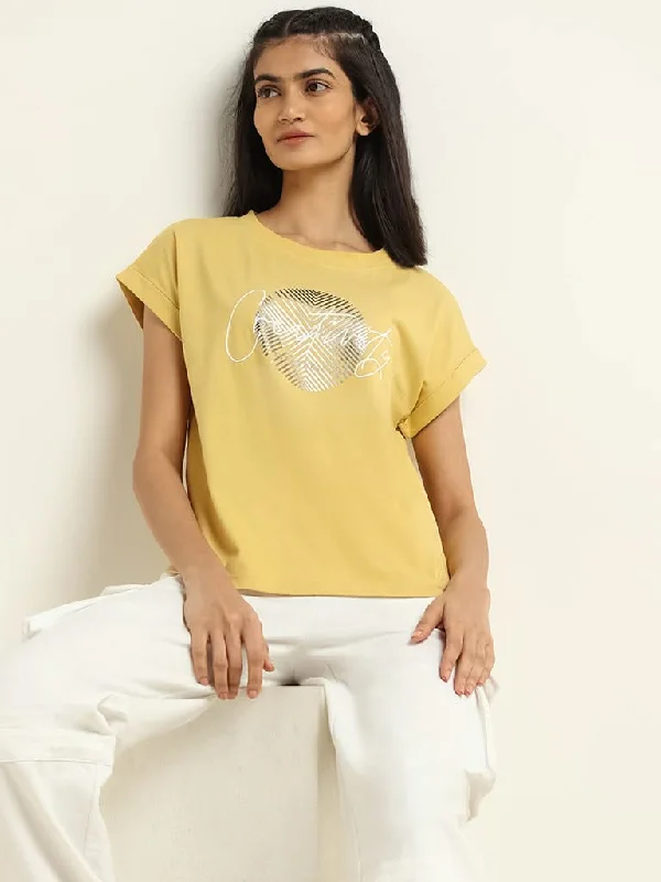 Studiofit Yellow Printed Cotton T-Shirt V-Neck T-Shirt Long Sleeve Cotton