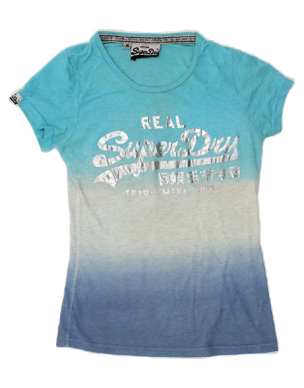 SUPERDRY Womens Graphic T-Shirt Top UK 10 Small Blue Colourblock Polyester Elegant Classic Vintage