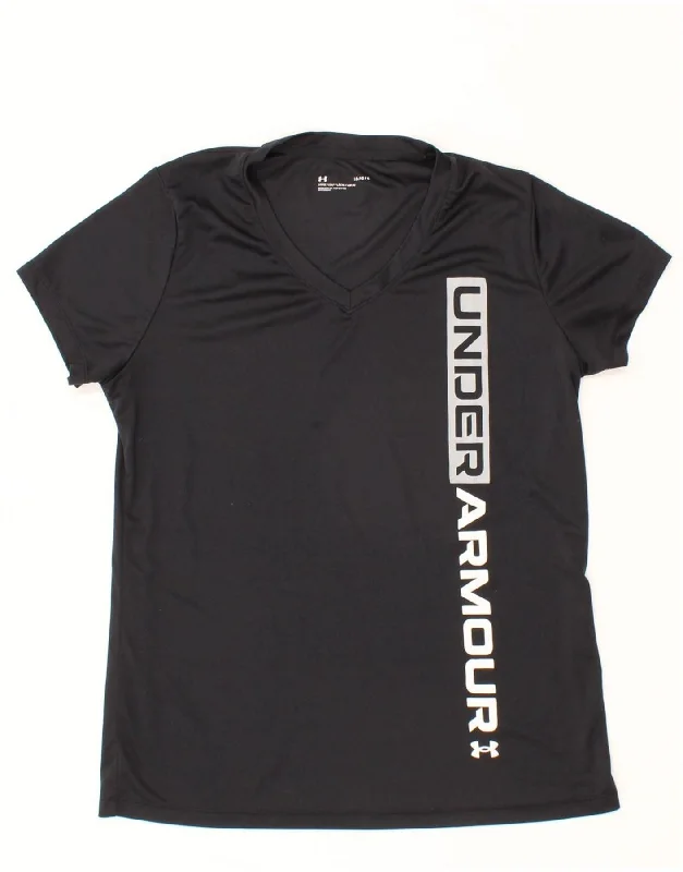 UNDER ARMOUR Womens Graphic T-Shirt Top UK 14 Large Black Spandex Blend Rayon Blend Denim Blend