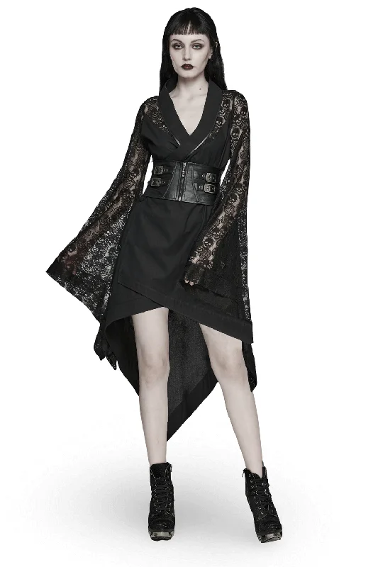 US SALE of Black Skull Lace Kimono Dress with Belt And Irregular Hem