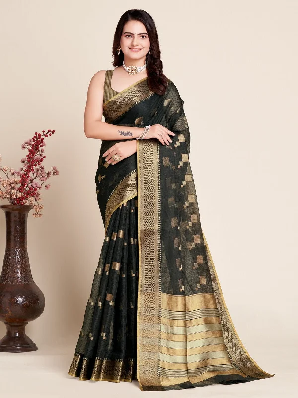 Women Party Wear Kota Doriya (Semi Cotton) Soft Silk Saree with Un-Stitched Blouse Ruched Sleeve Blouse