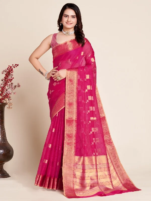 Women Party Wear Kota Doriya (Semi Cotton) Soft Silk Saree with Un-Stitched Blouse Peter Pan Collar Blouse