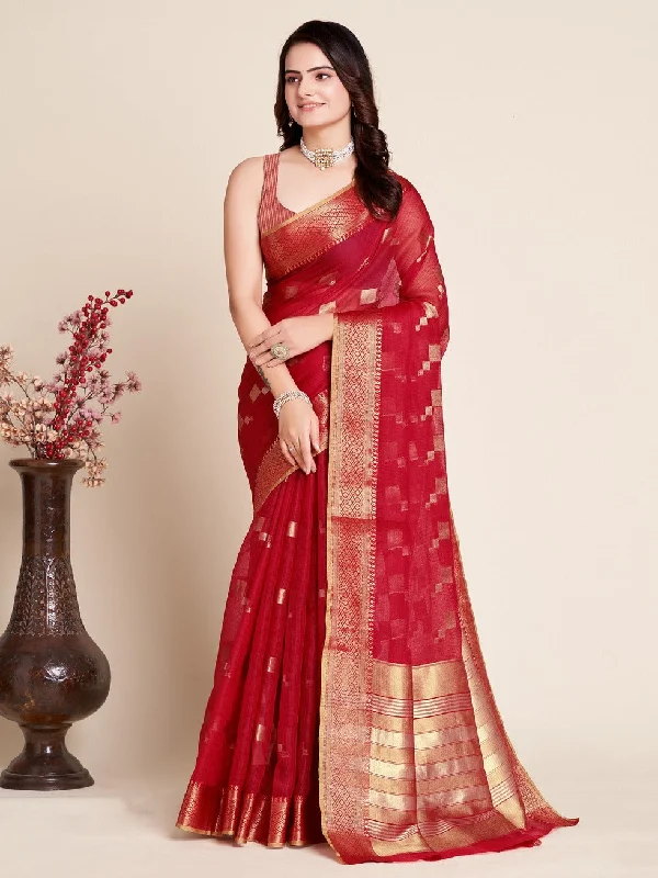 Women Party Wear Kota Doriya (Semi Cotton) Soft Silk Saree with Un-Stitched Blouse Frilled Cuff Blouse