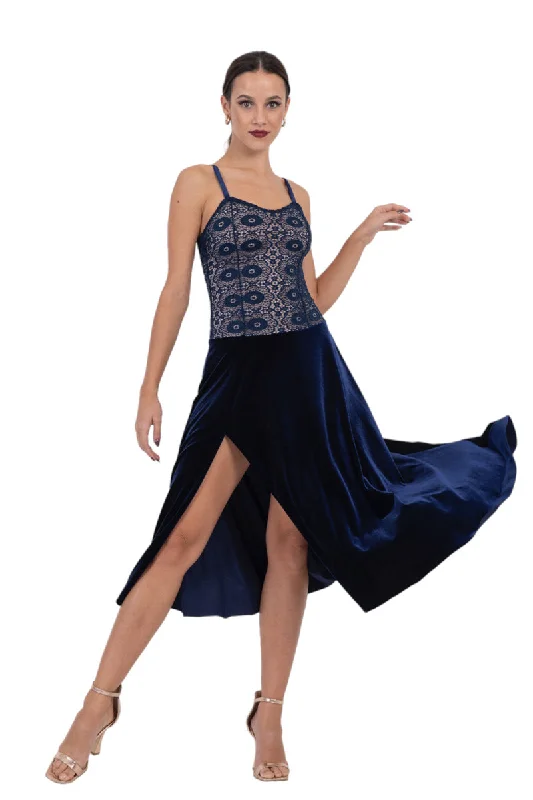 Velvet & Lace Spaghetti Strap Flowy Tango Dress