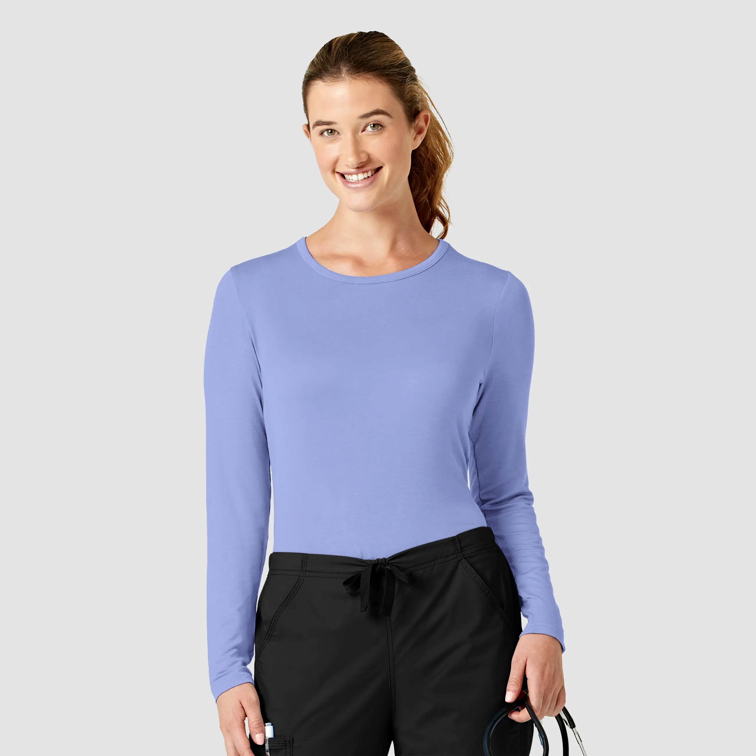 Wink Women's Long Sleeve Silky Tee - Ceil Blue Front Pockets Side Pockets Patch Pockets Wink Women's Long Sleeve Silky Tee - Ceil Blue Front Pockets Side Pockets Patch Pockets