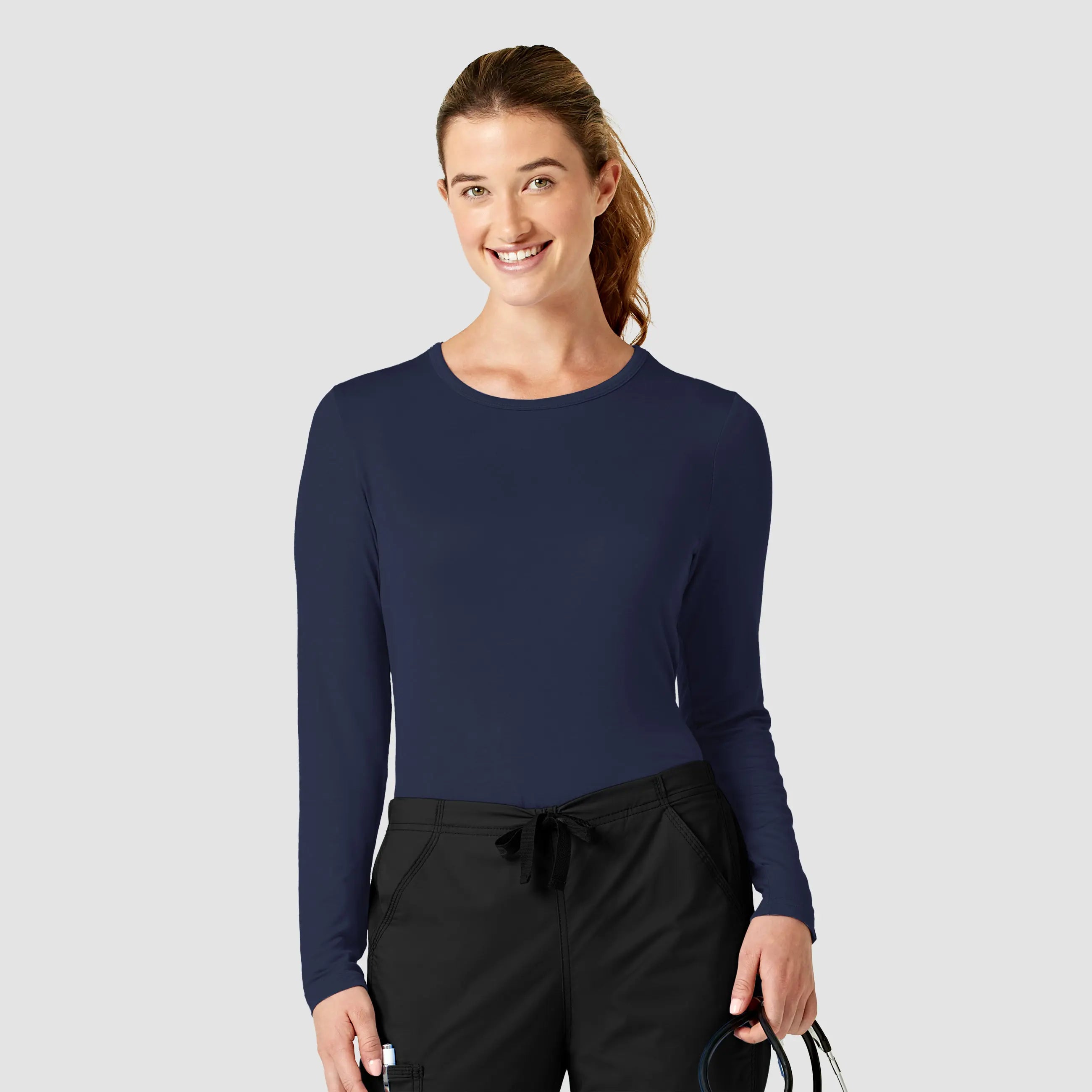 Wink Women's Long Sleeve Silky Tee - Navy Zippered Buttoned Snapped
