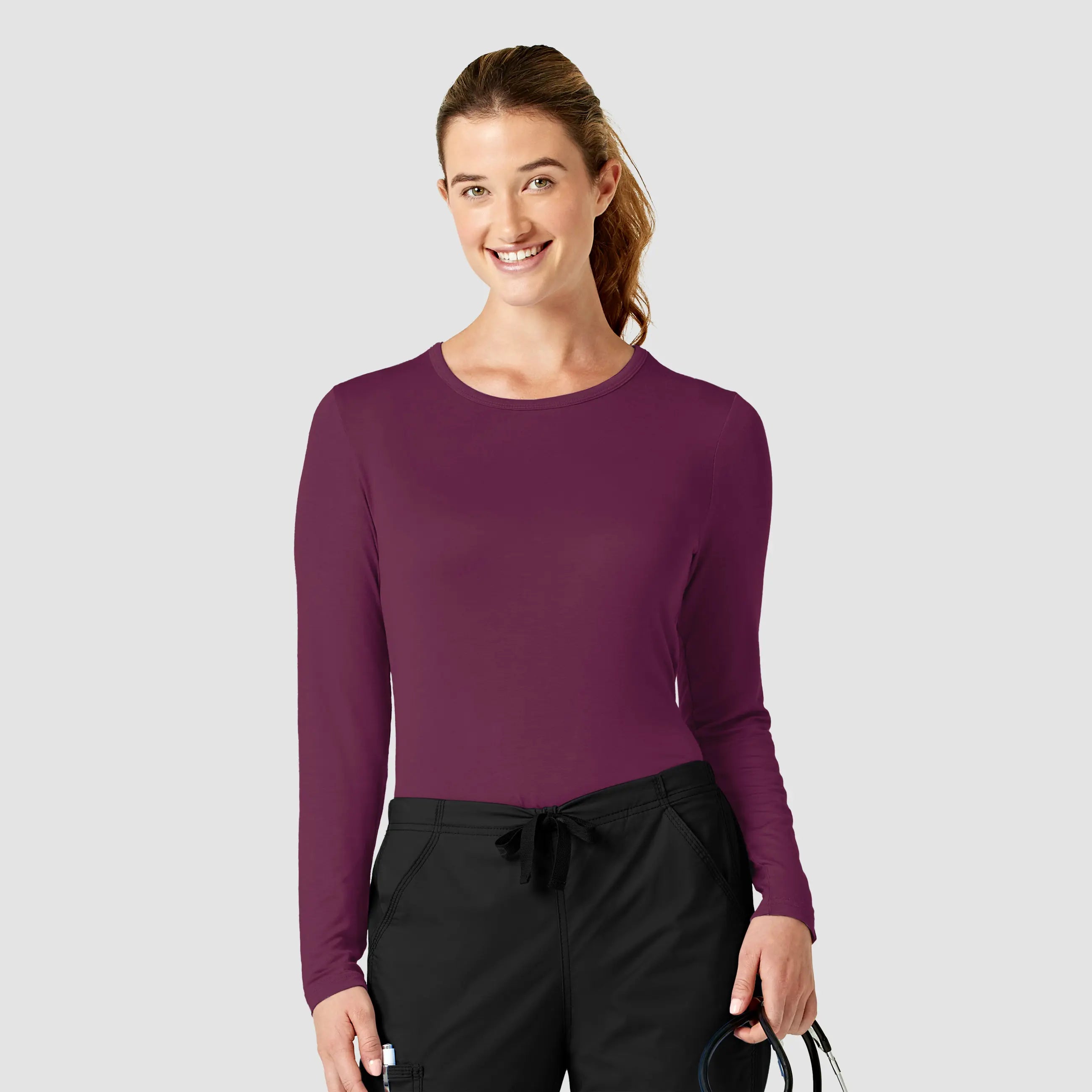 Wink Women's Long Sleeve Silky Tee - Wine Houndstooth Herringbone Solid