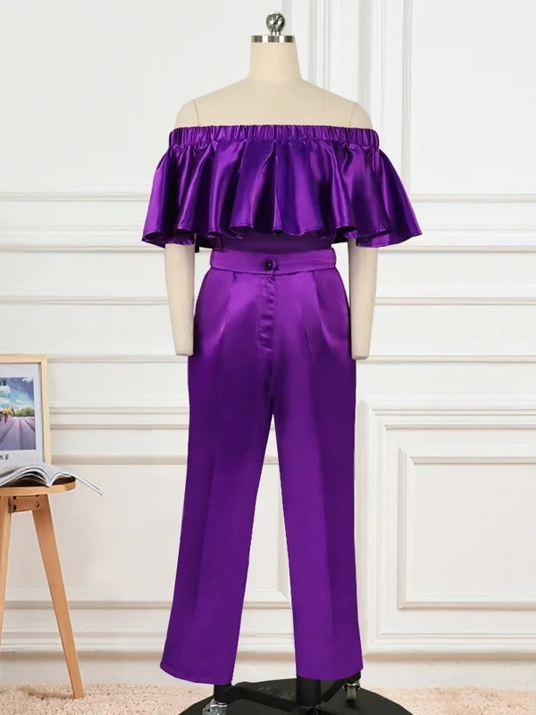 Women 2 Sets Purple Shiny Off Shoulder Blouse Straight Trouser Elegant Embroidery Blouse Women 2 Sets Purple Shiny Off Shoulder Blouse Straight Trouser Elegant Embroidery Blouse