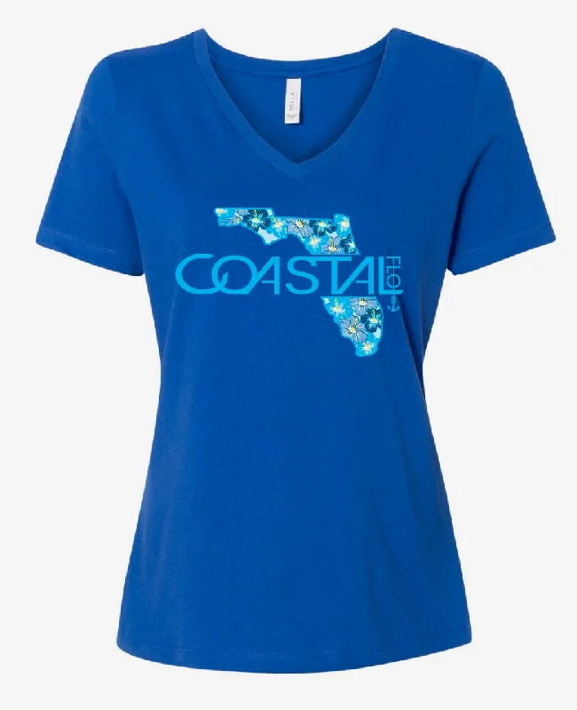 Women's "Florida Vibe" True Royal - Relaxed Jersey V-Neck Tee Hooded Caped Shawl Collar Women's "Florida Vibe" True Royal - Relaxed Jersey V-Neck Tee Hooded Caped Shawl Collar