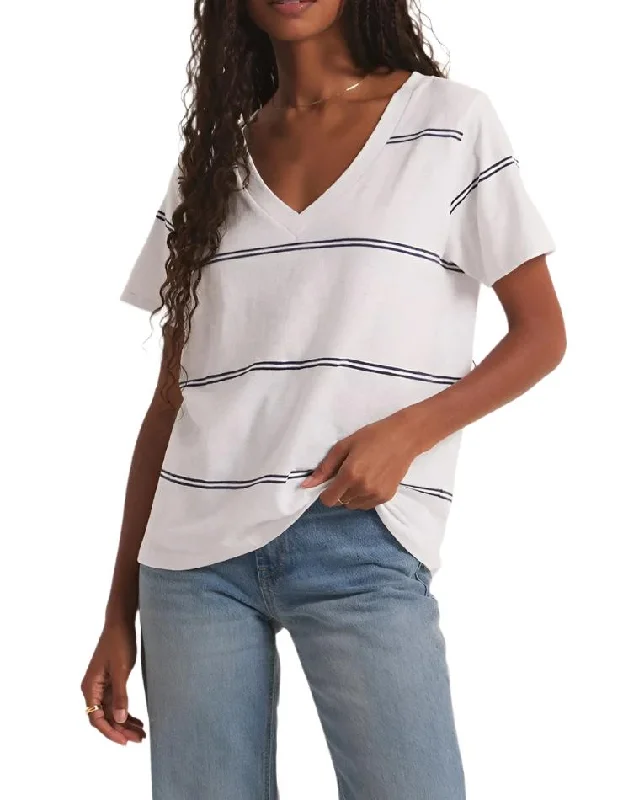 Z Supply Striped V Neck Pocket Tee White Fitted T-Shirt Seamless Stretchy