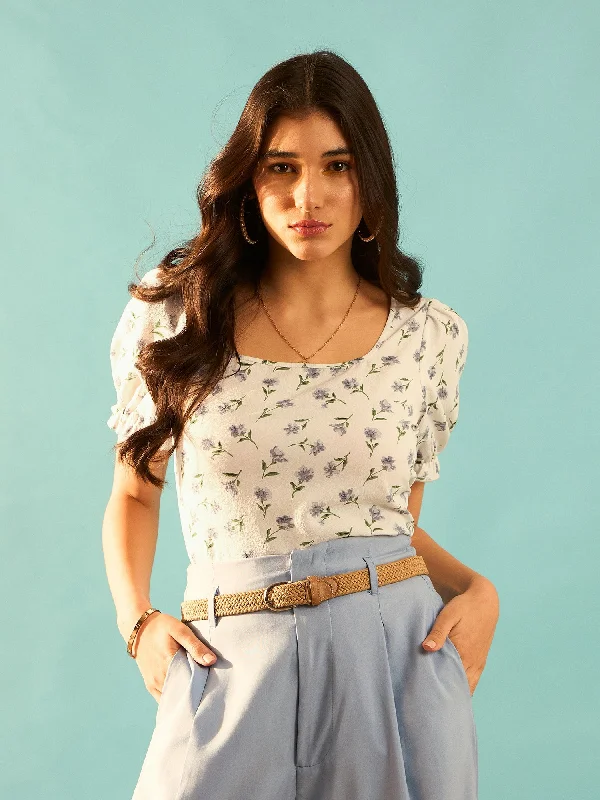 Berrylush Women White & Blue Ditsy Floral Printed Square Neck Puff Sleeves Slip-On Regular Blouse Smart Business Blouse