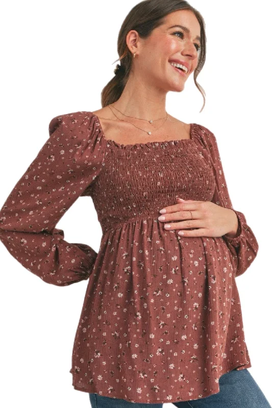 Floral Print Smocked Maternity Blouse 2629 Loose Oversized Blouse