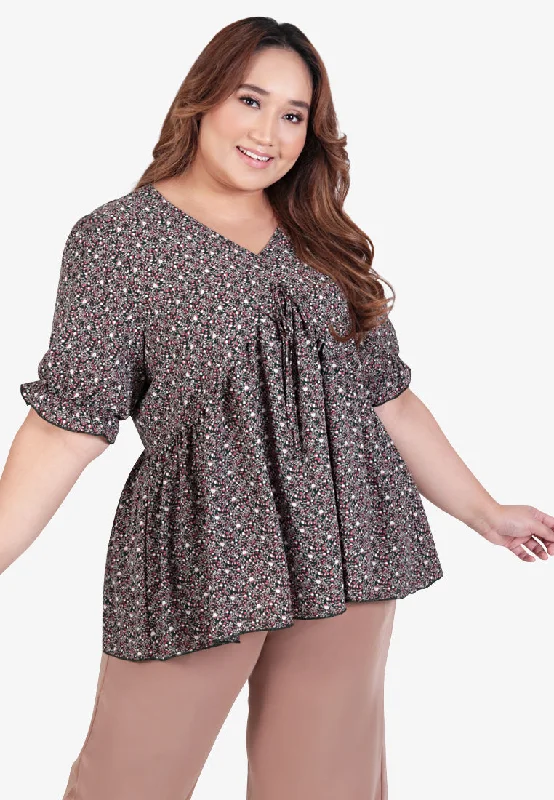 Valdeza V-neck Short Sleeve Printed Blouse - Dark Green Soft Knit Blouse