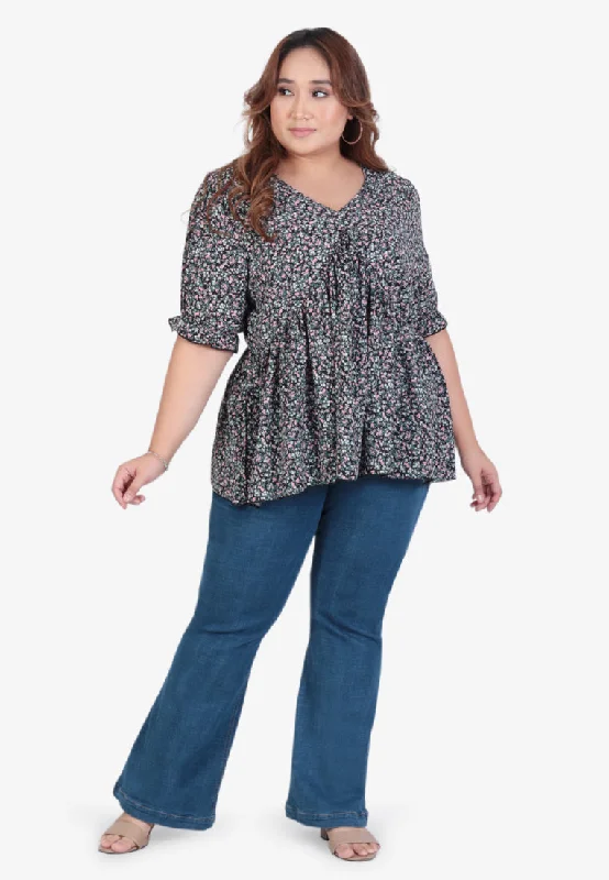 Valdeza V-neck Short Sleeve Printed Blouse - Black Ruched Sleeve Blouse