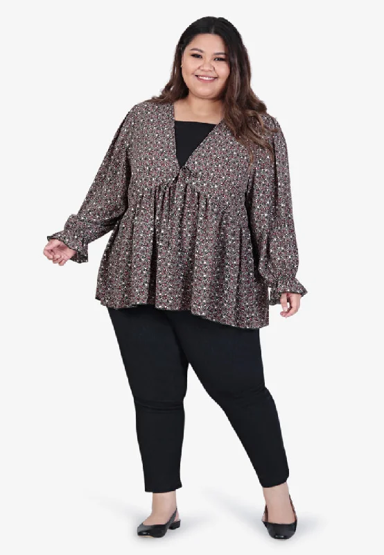 Valence V-neck Long Sleeve Printed Blouse - Dark Green Elegant Peplum Blouse