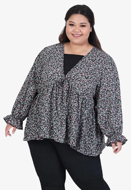 Valence V-neck Long Sleeve Printed Blouse - Black Side Tie Blouse