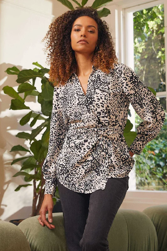 Animal Print Wrap Front Blouse Embroidered Cotton Blouse
