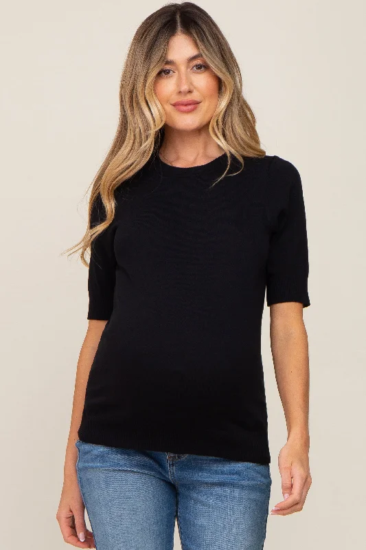 Black Knit Fitted Maternity Blouse Versatile Layering Blouse