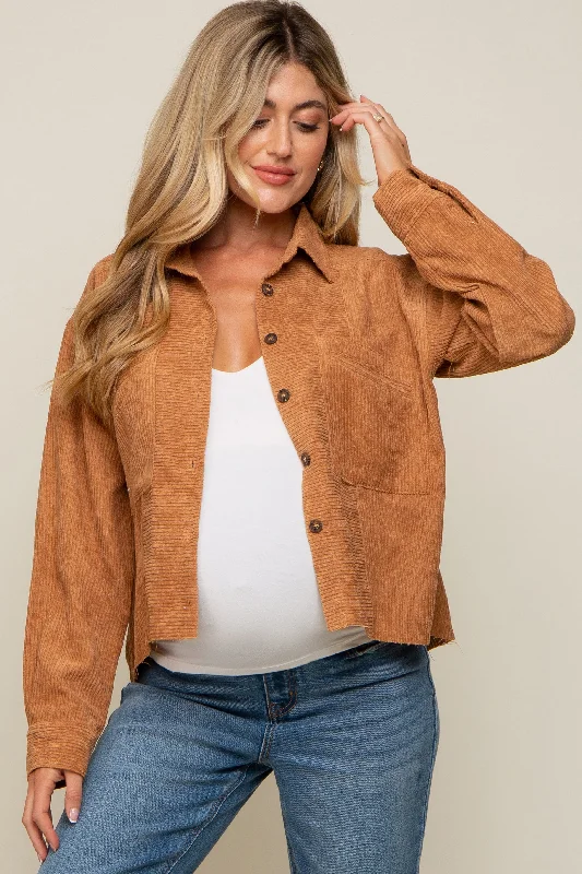 Camel Corduroy Raw Hem Maternity Shacket Soft Knit Blouse