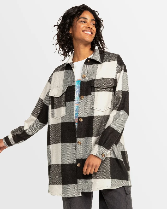 Womens Check The Swell Checkered Shacket Feminine Tie Blouse
