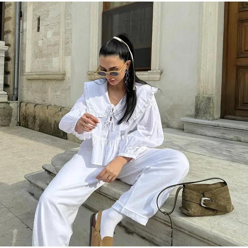 Chic Lantern Long Sleeve Doll Collar Blouse Soft Satin Blouse