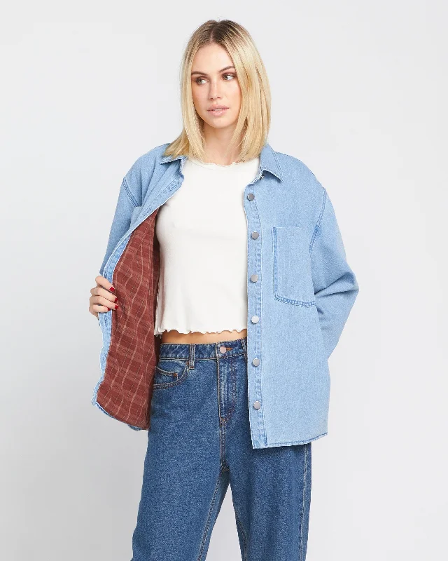 Chill Trap Shacket - China Blue Playful Puff Blouse