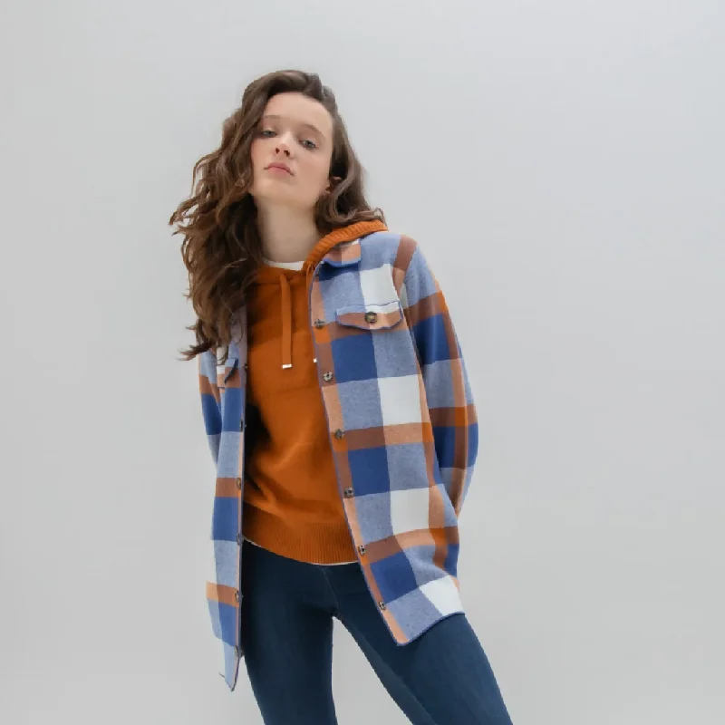 'Marble' Oversized Jacquard Knit Shacket In Indigo & Rust Classic White Blouse