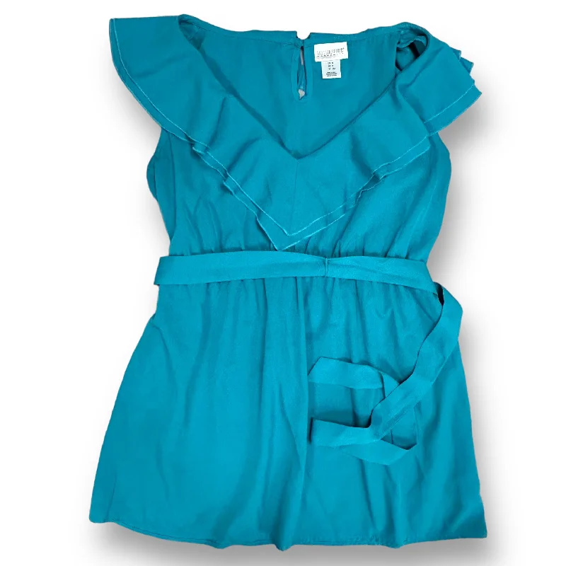 Motherhood Size S Teal Ruffle Sleeveless Maternity Blouse Side Tie Blouse