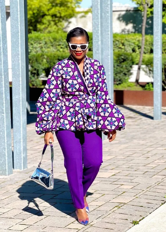 NERA African Print Women's Blouse (Puff Sleeve Peplum) High Neck Blouse
