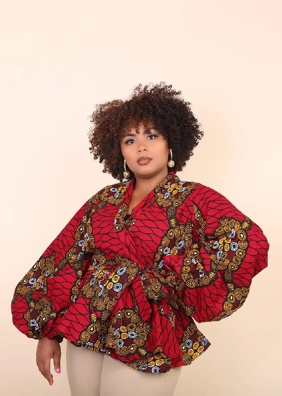 NOEMI African Print Women's Blouse (Puff Sleeve Peplum) Elegant Lace Blouse