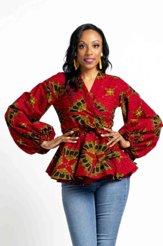 OLIVIA African Print Women's Blouse (Puff Sleeve Peplum) Chic Square Blouse