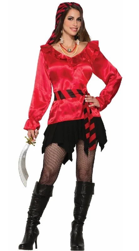 Satin Red Womens Pirate Blouse Costume Top Wrap Front Blouse