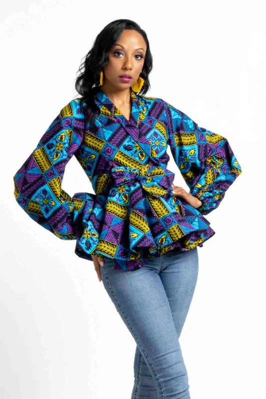 SEYINA African Print Women's Blouse (Puff Sleeve Peplum) Lightweight Linen Blouse